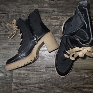 Black Lace-Up Chunky Heel Ankle Boots